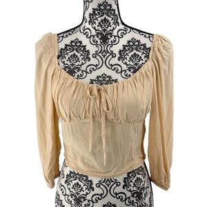 Urban Outfitters Beige Peasant Tie Front Smocked Back Cropped Boho Romantic Top